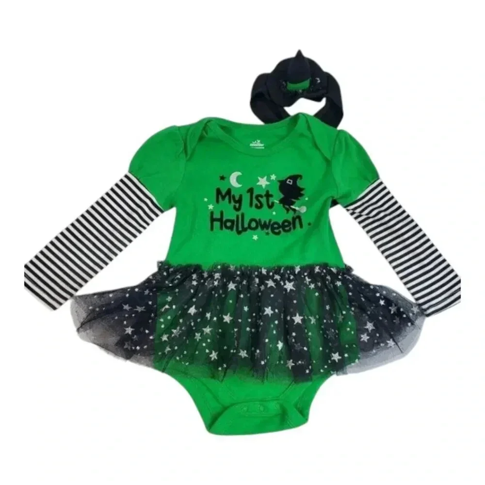 My First Halloween Green and Black Baby Girl Costume with Matching Hat Tutu